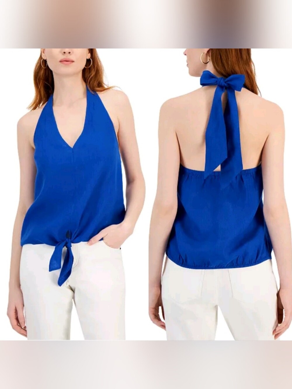 100% Linen Blue Halter Top Open Back Tie Neck Sleeveless Size M